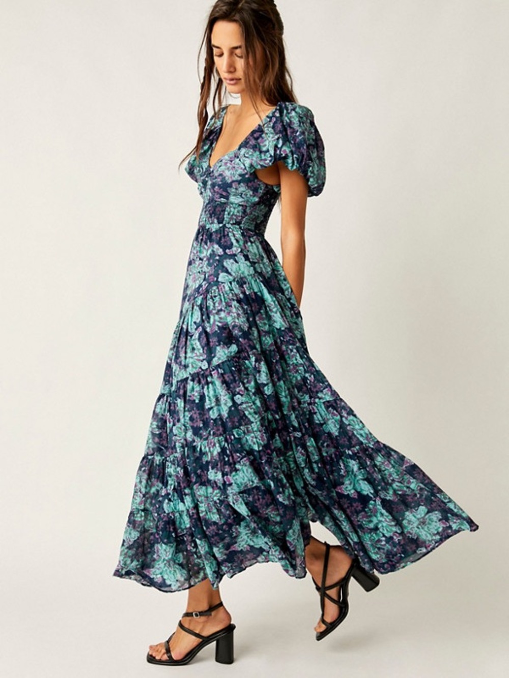 Free People Mint and Black Puff-Sleeve Floral Maxi Dress